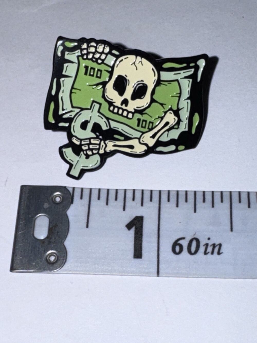 Skeleton Breaking Through $100 Hundred Dollar Bill $ Pin Brooch